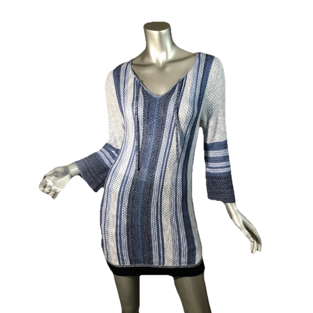Christopher & Banks Small Open Knit Boho Sweater Tunic Blue Striped Mini Dress